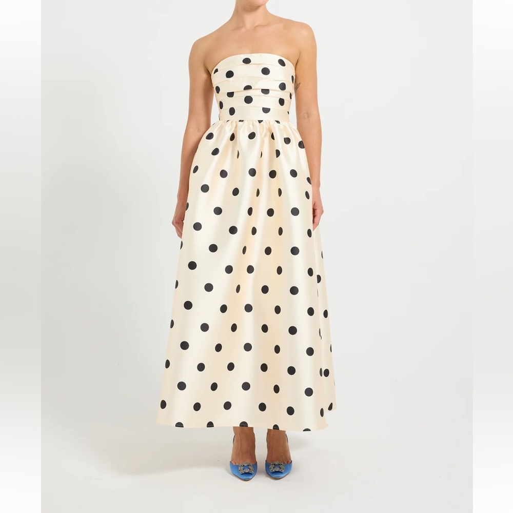 Elegant Strapless Polka Dot Maxi Dress in Cream and Black